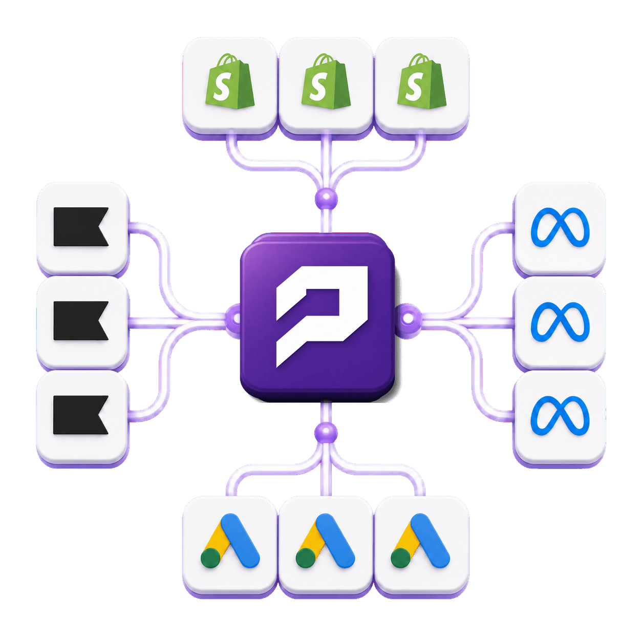 Multiple storefront, email, social advertising, and search advertising accounts connected independently to PopMCP